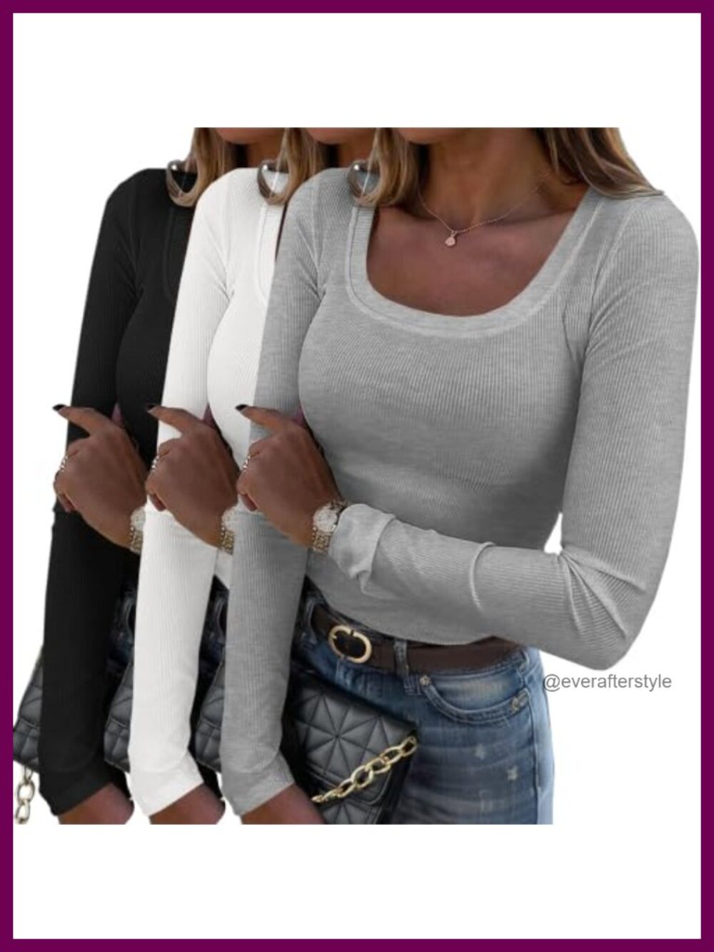 Rib Knit Long Sleeve Scoop Neck Slim Fit T-Shirt Top